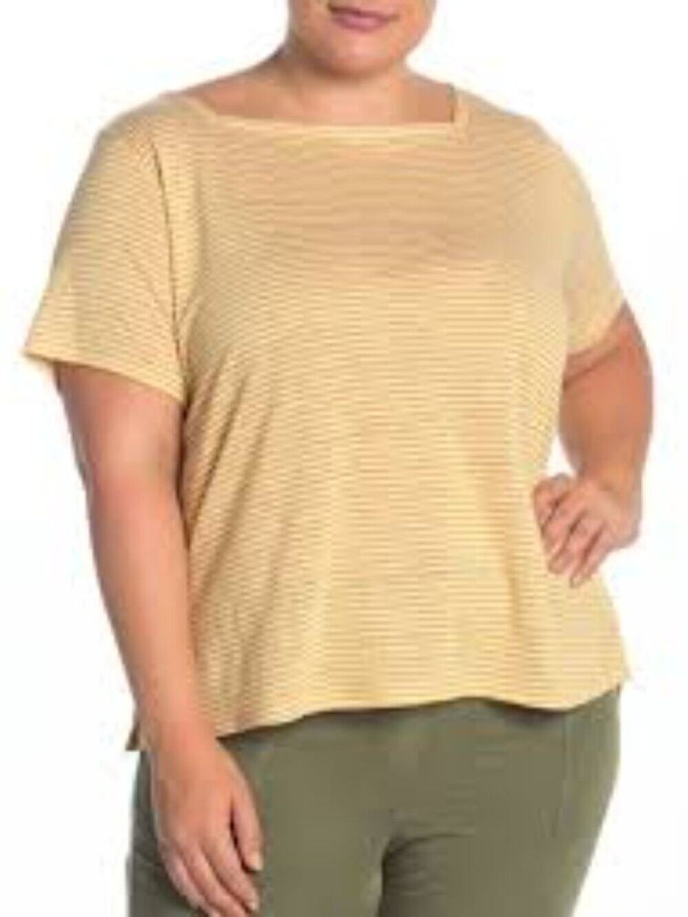 Eileen Fisher Yellow Ochre Organic Linen Jersey Skinny Stripes Boxy Top Size L